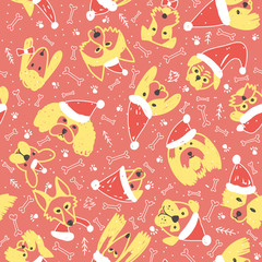 Vector seamless pattern with dogs in Santa hat and snow