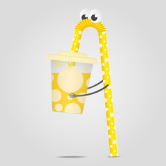 Vector illustration of a fictitious creature-drinking straw, greedily sucks the juice.