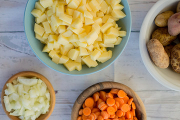Sliced ingredients prepared to cook a tasty soup.