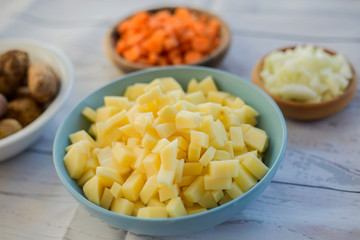 Sliced ingredients prepared to cook a tasty soup.