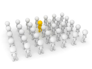 3D illustration of yellow character standing out of the crowd