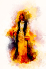 beautiful woman with sword in a historical clothing and Softly blurred watercolor background.