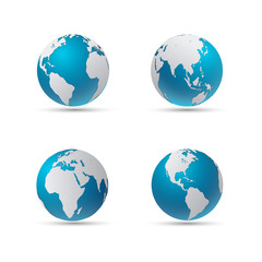Four globe icons with smooth shadows and white map of the continents of the world