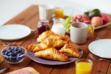 plate of croissants on wooden table at breakfast