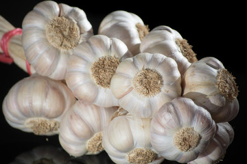 String of french pink garlic on old tin plate on black background