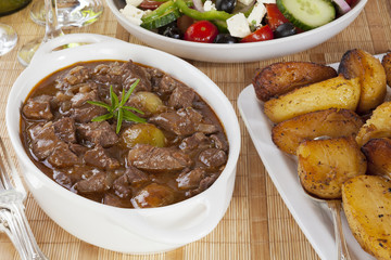 Stifado with Greek Salad and Greek Roast Potatoes