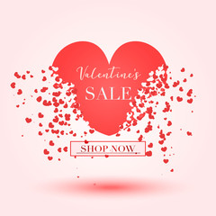Valentine's day Sale banner for advertising or social network post. Vector red heart's pixel explosion. 