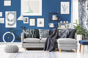 Blue flat with corner sofa and a gallery