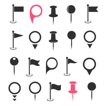 Set of map pin icons and location marker signs. Vector illustration.