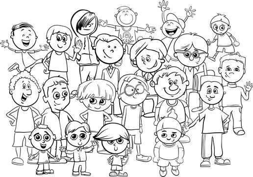 kid boy characters group cartoon color book