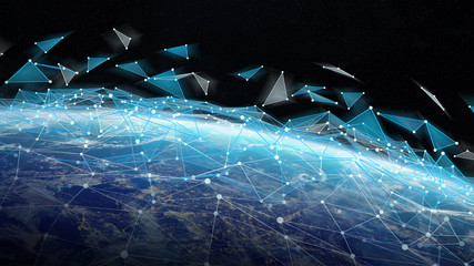 Connections system and datas exchanges on planet Earth 3D rendering