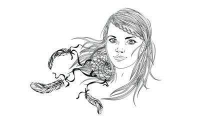 Beautiful fashion girl with abstract hair. Coloring book for adults. Vector illustration. Girl face with loose hair and abstract elements in clothes. Dreamcatcher. Outline. Doodle. Zentangle. tattoo