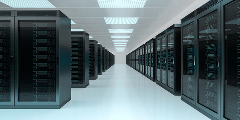 Server room data center interior 3D rendering - obrazy, fototapety, plakaty