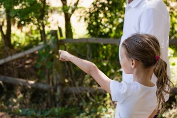 Girl with her grandfather pointing at a distance in the forest