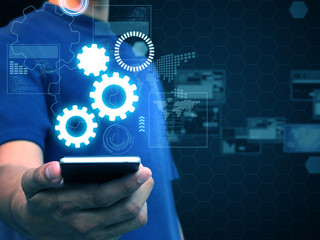 Hand holding smart phone technology,business technology concept