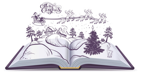 Open book tale about Christmas. Santa and deer in sky above winter forest