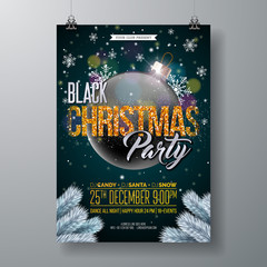 Black Christmas Party Flyer Illustration with Glittered Typography Elements and Ornamental Ball on Shiny Dark Background. Vector Celebration Poster Design.