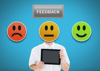Man holding tablet with feedback smiley satisfaction icons