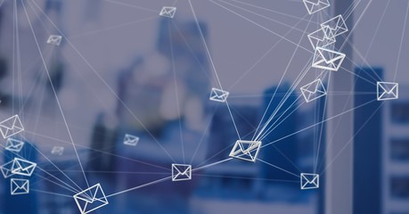 3D email message connected icons with blue background