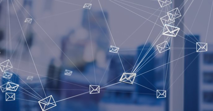 3D email message connected icons with blue background