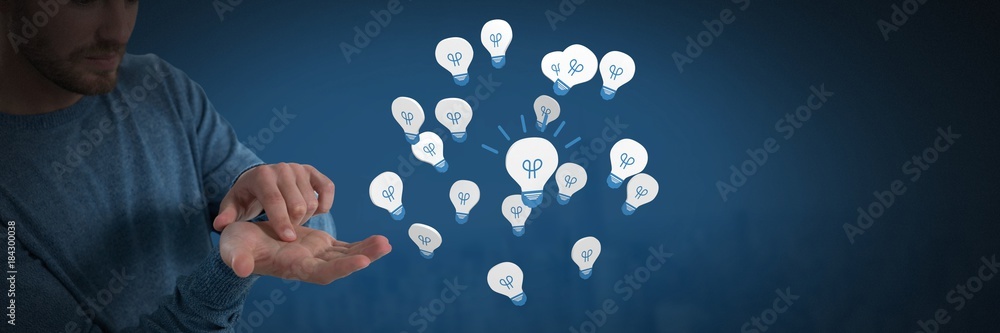 Poster idea light bulb app icons and businessman with hands palm open
