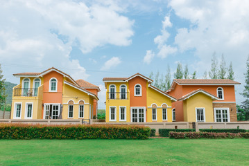 Orange home tuscany style in khaoyai resort at nakhonratchasima,vivid,sunny day,beautiful sky