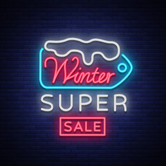Winter sales banner in neon style. Vector illustration on Winter, New Year and Christmas discounts and sales. Neon sign, bright sign, nightlit advertising, postcard, neon poster, brochure