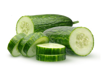 Smooth cucumber, cut into pieces, on a white background.