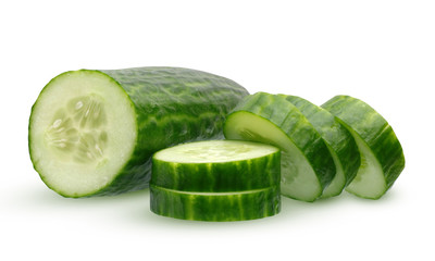 Smooth cucumber, cut into pieces, on a white background.