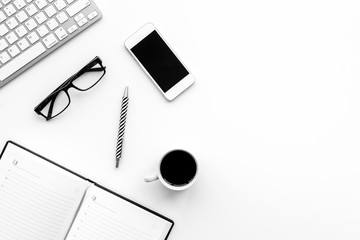 Stylish office desk. Trendy monochrome. Black accessories on white background top view copyspace