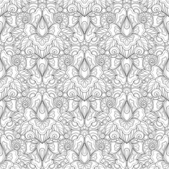 Monochrome Seamless Pattern with Floral Motifs. Endless Texture with Flowers, Leaves etc. Natural Background in Doodle Line Style. Coloring Book Page. Vector Contour Illustration. Abstract Art