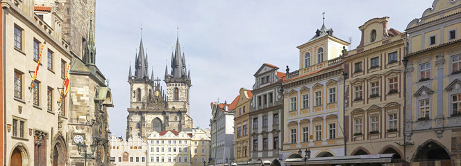 Naklejka premium Panoramic view of Astronomical clock (Orloj), and Church of Our Lady before Tyn in Old Town Square , Prague, Czech Republic