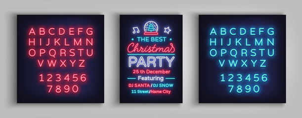 Christmas party vector template brochure. Christmas card design is designed in neon style. Neon banner, bright luminous advertising for your Christmas projects. Editing text neon sign. Neon alphabet