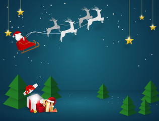 Merry Christmas and Happy New Year background. Santa Claus on the sky coming Vector.