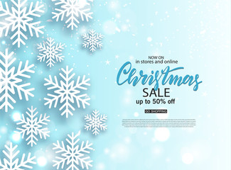 Christmas Sale poster with shiny snowflake. Vector illustration. Design for invitation, banners, ads, coupons, promotional material.