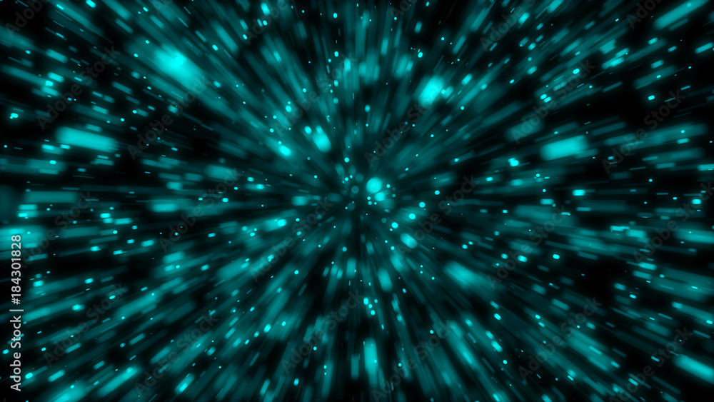 Poster particle or space traveling. particle zoom background. 3d rendering