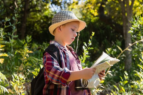 Boy Reading The Map In The Forest