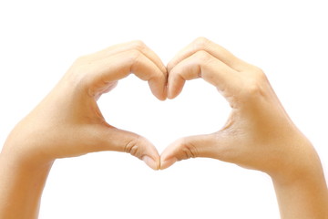 Asian woman make her hand like heart shape sign of love on white background