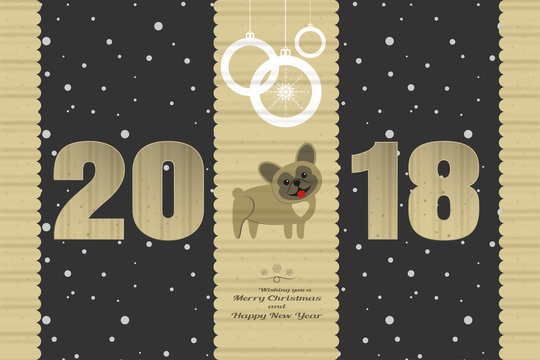 Happy New Year vector paper art with cardboard numbers, central and lateral parts on the dark background with snowfall pattern.
