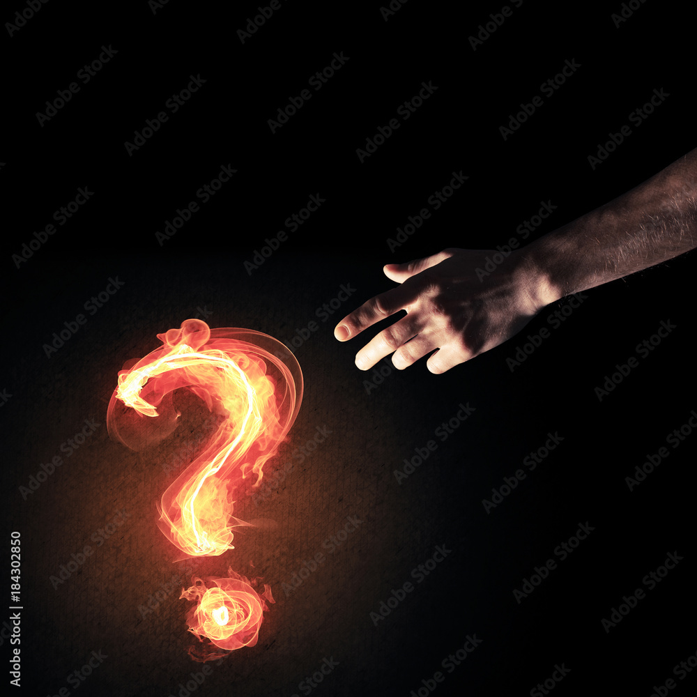 Poster concept of help or support with fire burning question mark and c