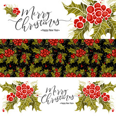 set of christmas banners with holly branch and inscription. Vector illustration, Great design element for congratulation cards, print and web and other