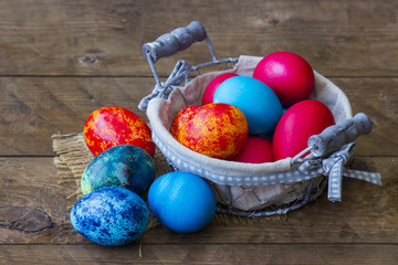 Happy Easter, colorful eggs in a basket