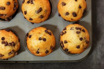 Overhead view of Chocolate Chip muffins in a baking pan