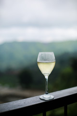 glass of white wine on a railing