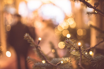 Tannenzweige und Lichterkette auf Weihnachtsmarkt, Christbaum