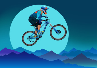 Fototapeta na wymiar Image of a cyclist on a background of mountains and a big moon