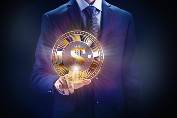 Crypto currency block chain, business mining concept design. Coin in hand as bit of e-commerce...