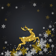 Obraz na płótnie Canvas Snowflakes and golden glitter deer