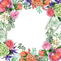 Bouquet flower frame in a watercolor style. Full name of the plant: rosa, hulthemia. Aquarelle wild flower for background, texture, wrapper pattern, frame or border.