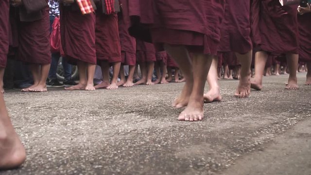 Burmese Monks Walk. Feet Close Up shot with a Sony a6300 fps29,97 FHD